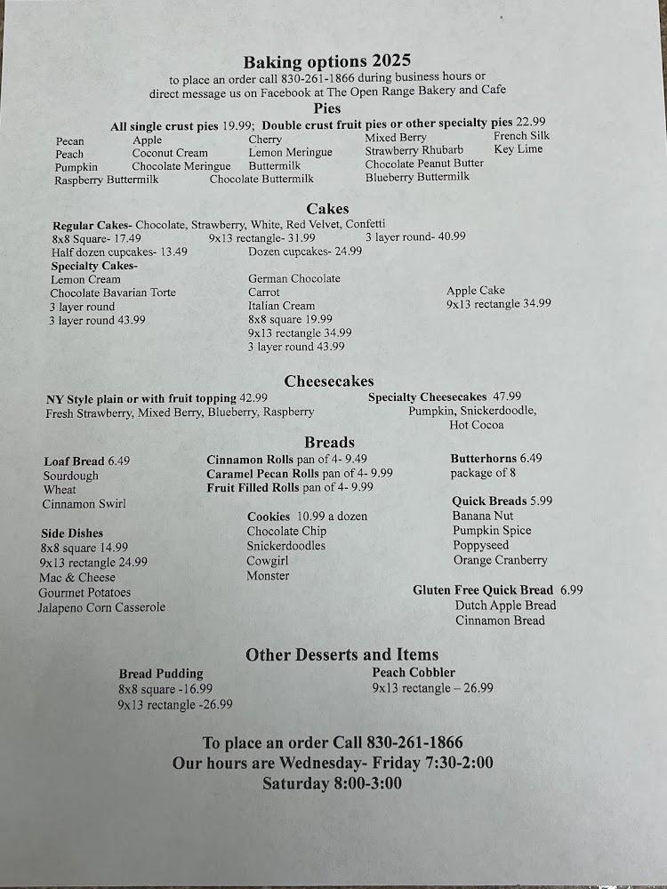 The Open Range Bakery Menu image 1